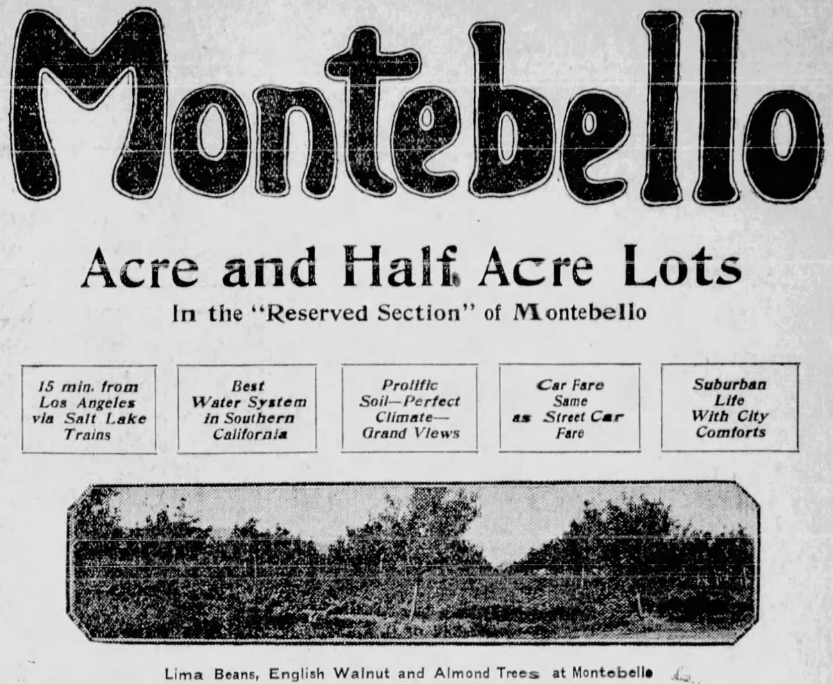 1906 newspaper advertisement for acre and half-acre lots in Montebello