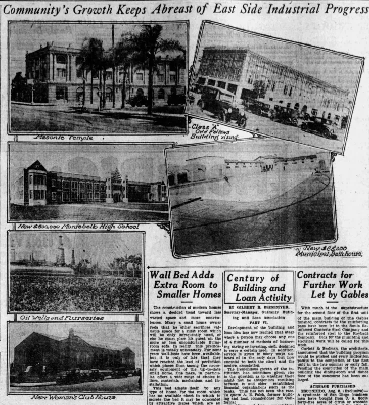 1927 Los Angeles Times feature showing Montebello civic buildings, oil wells and nurseries