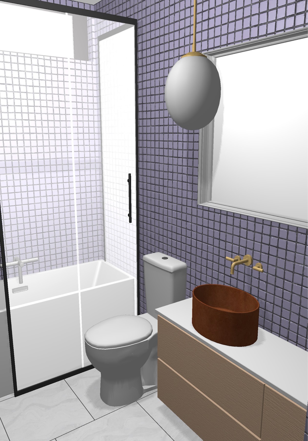 A 3D preview of a redesigned bathroom with purple mosaic tile, brass fixtures, and a wood vanity