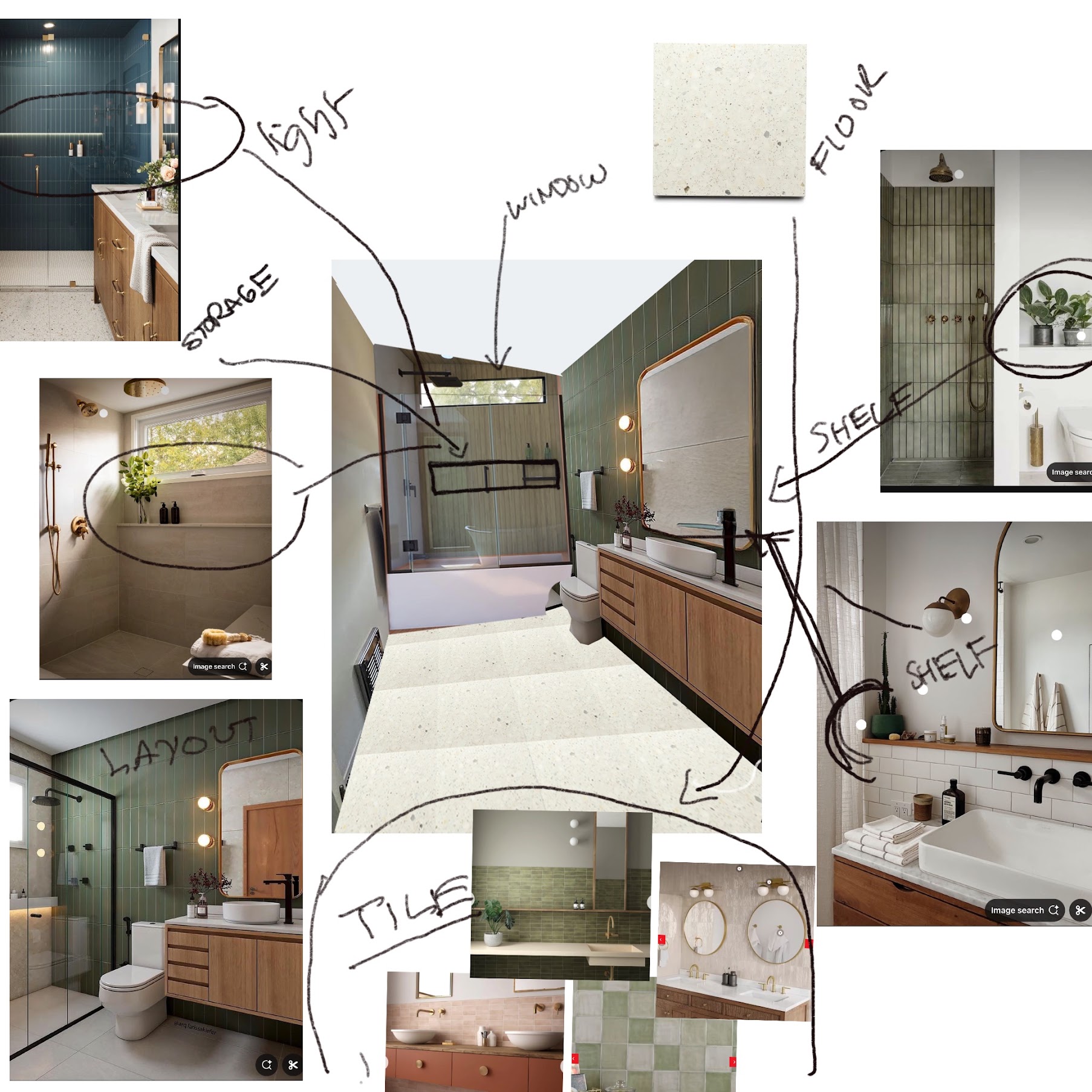 A custom mood board for a bathroom redesign, with tile, lighting, and layout inspiration marked up by hand