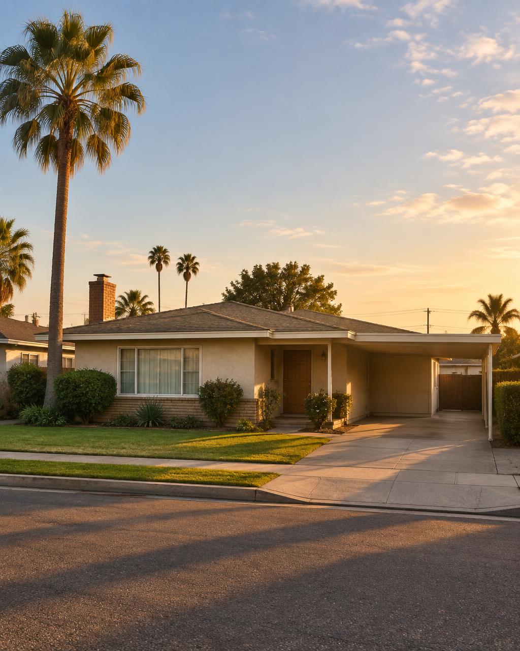1950s Bellflower ranch house with a carport at golden hour