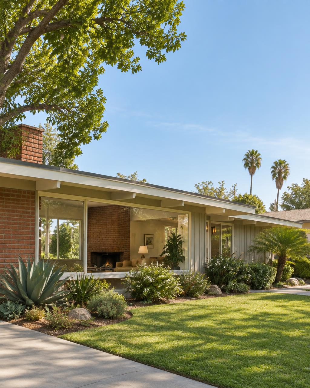 Mid-century Downey ranch house with broad windows and a low roofline