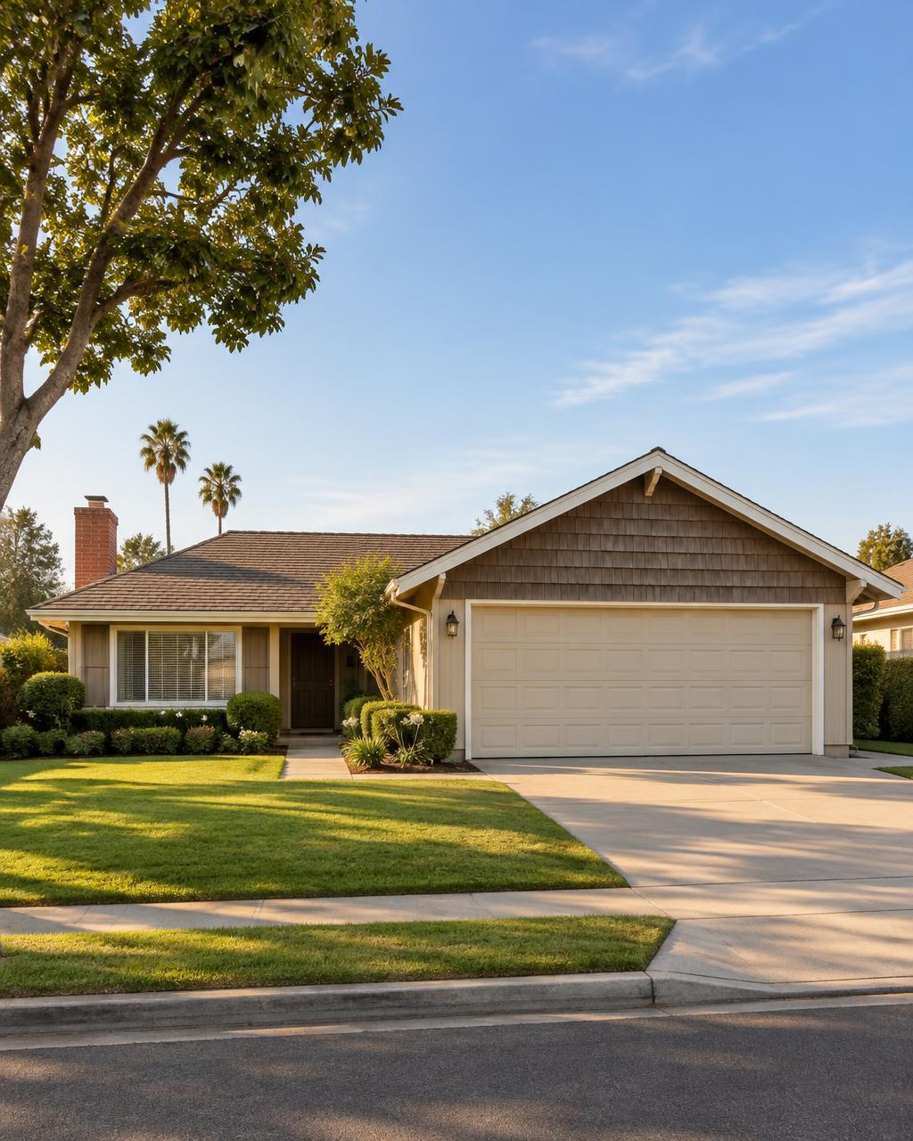 1960s La Mirada tract home with a shake accent gable and two-car garage