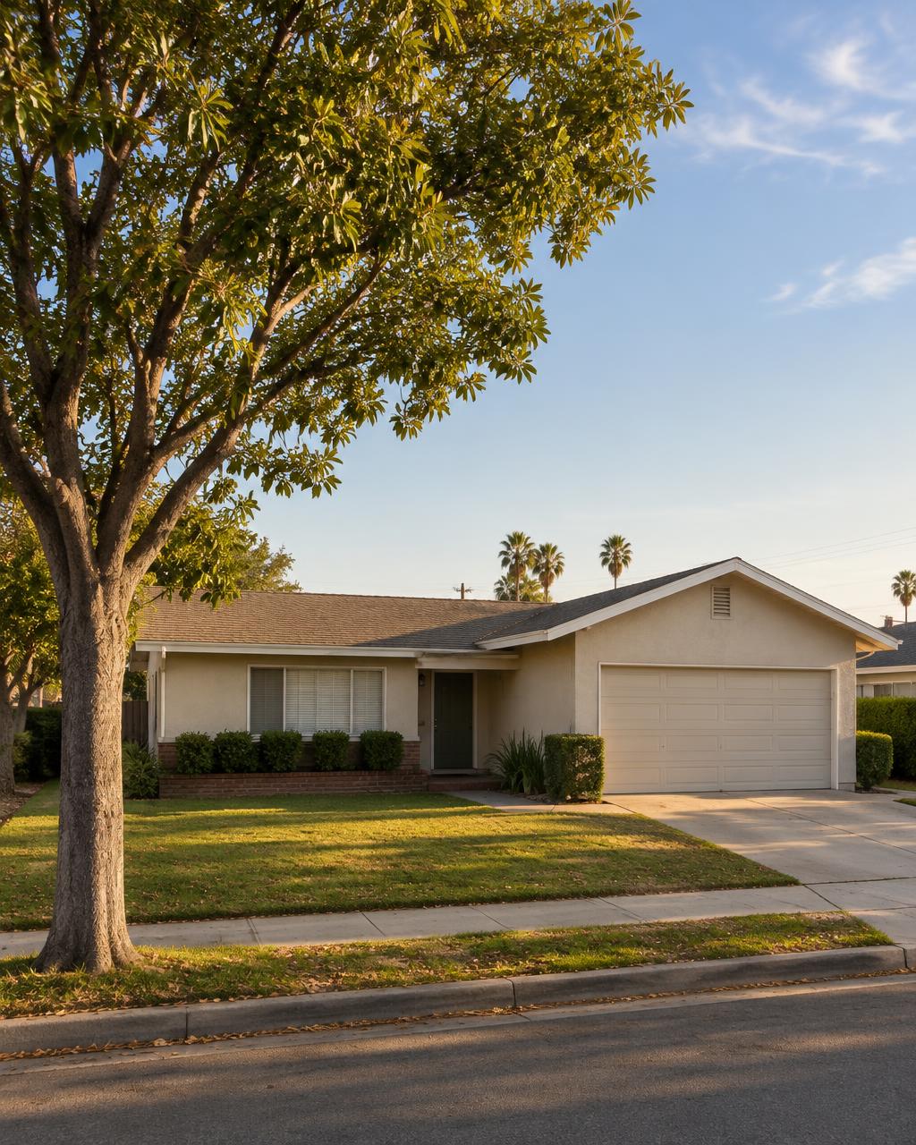Single-story postwar stucco tract house on a shaded Norwalk street