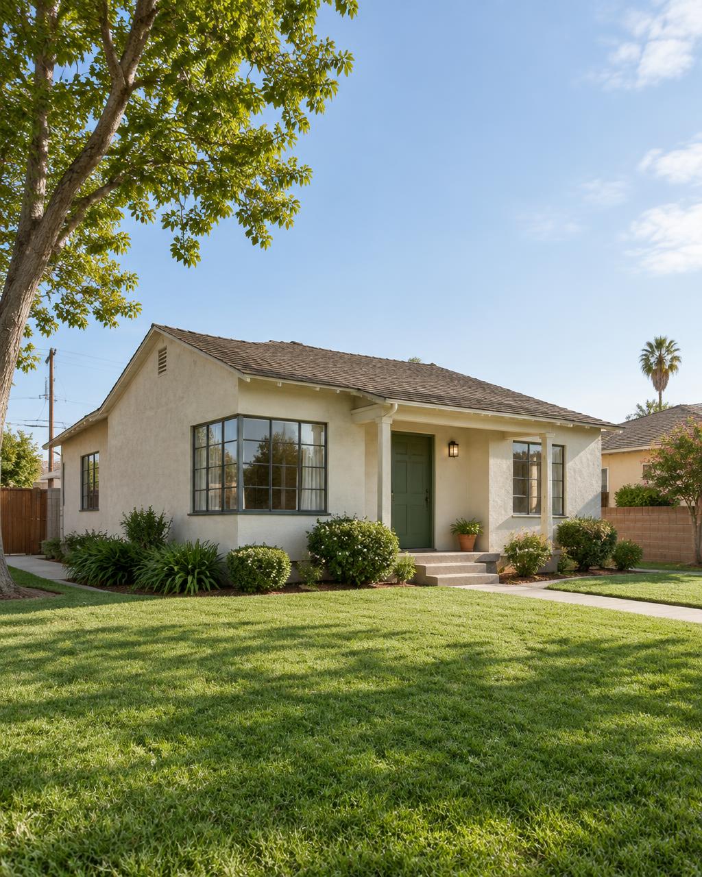 Compact postwar stucco home with steel casement windows in Pico Rivera